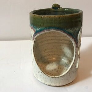 Indian Mountain Pottery Watts Signed aqua Stripe brown Speckle candle holder mug